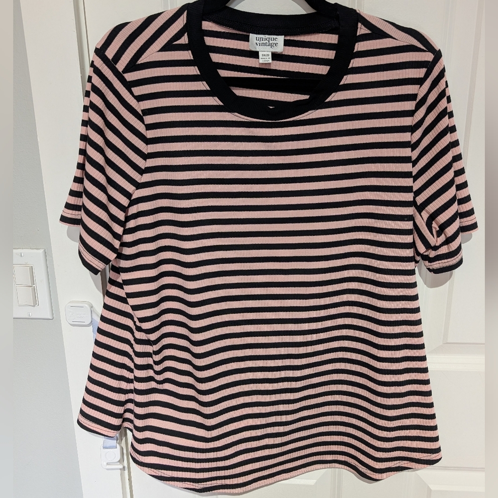 unique vintage Pink and Black Striped Women Top 3x